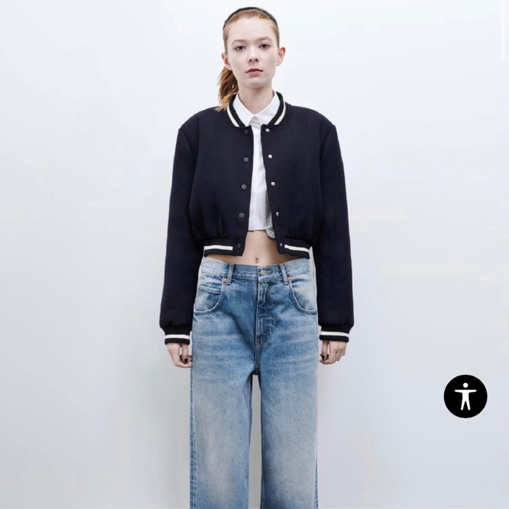 Zara Crop Bomber Jacket Navy Blue  (M)